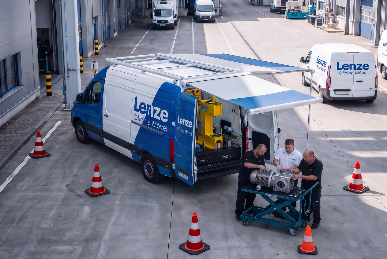 Técnico Lenze realizando manutenção preventiva em motoredutor dentro da planta do cliente