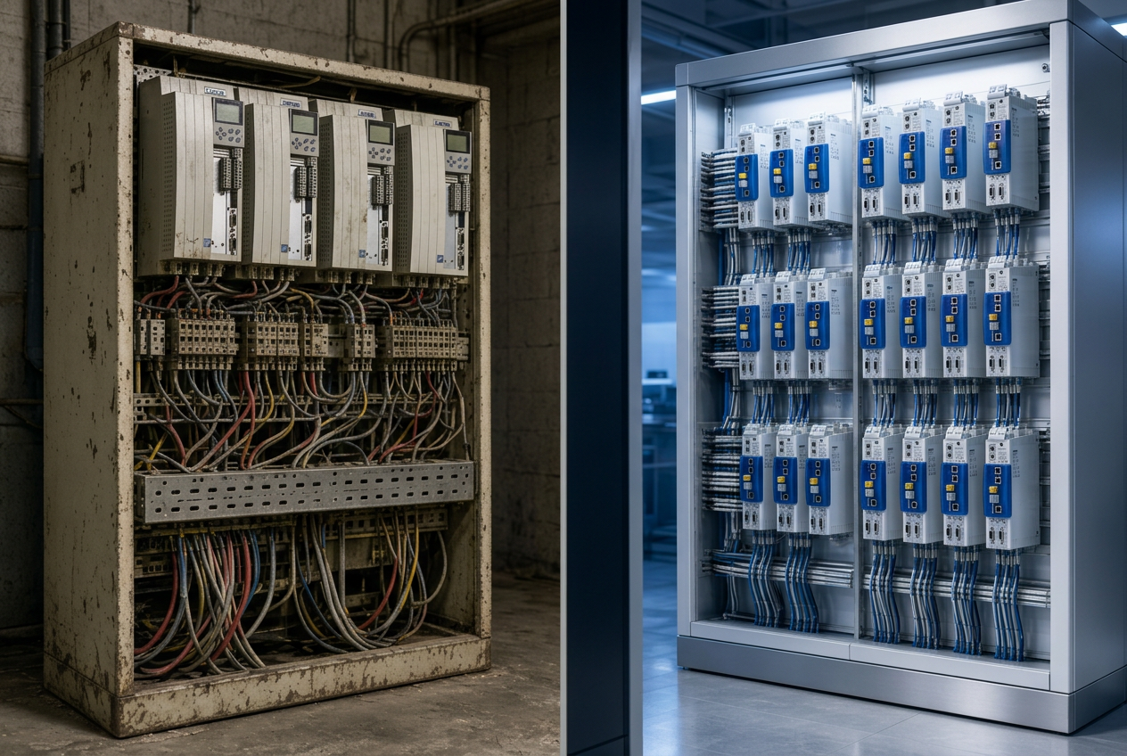 Comparação entre um painel de controle antigo e um painel novo com inversores atuais