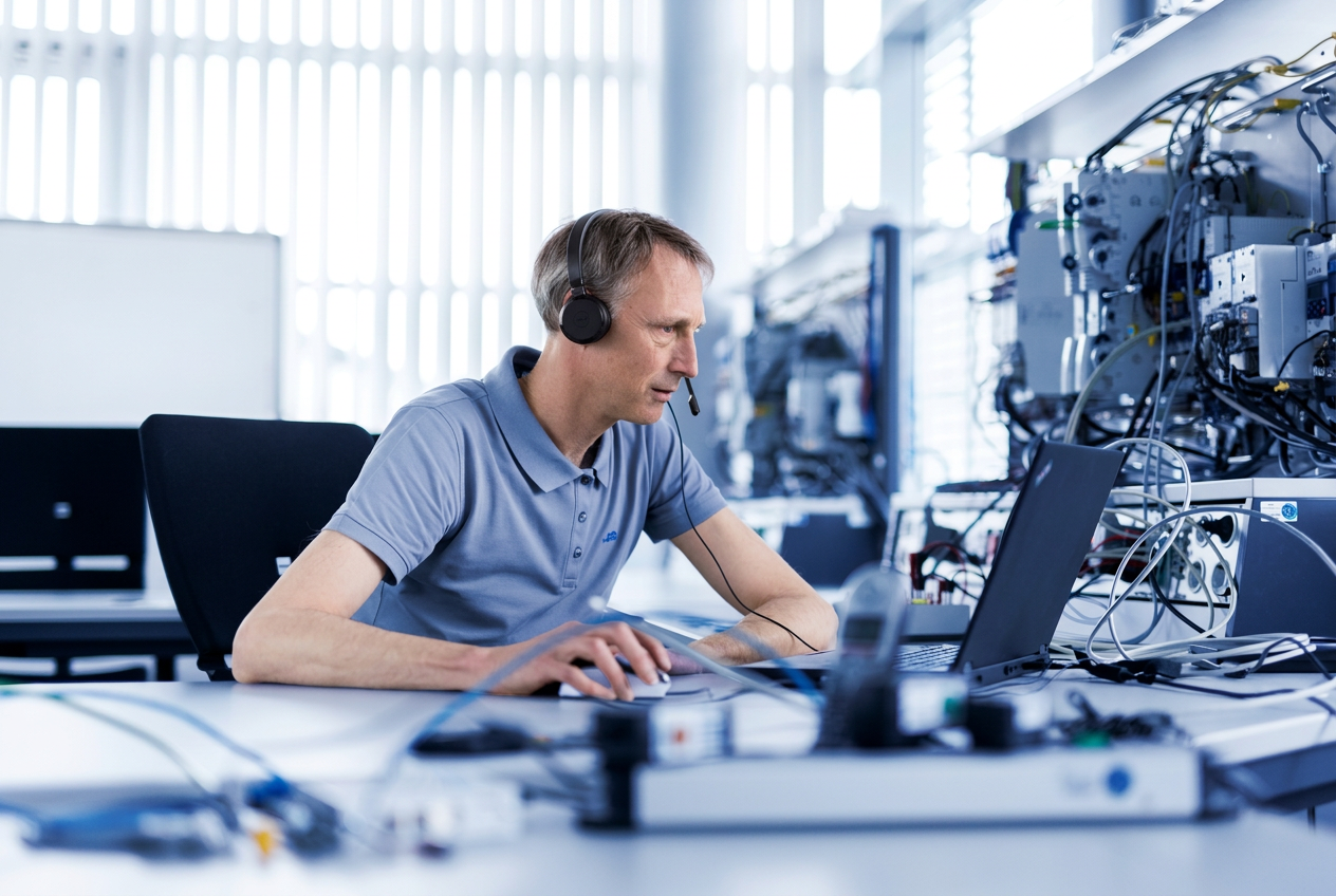 Engenheiro programando um inversor Lenze pelo notebook